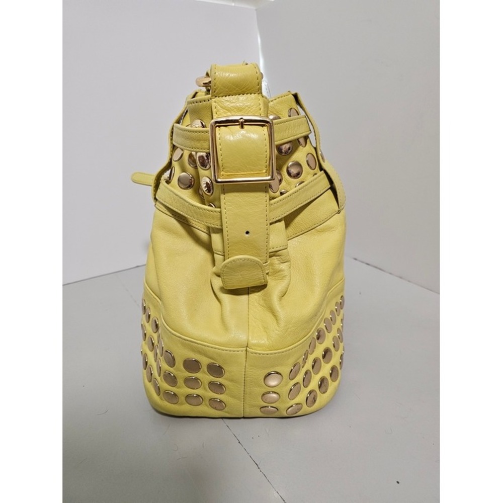 Rebecca Minkoff Devote Tote Leather Hobo Bag Yellow Studded Moto Edgy Y2K Boho ~ - Picture 4 of 11